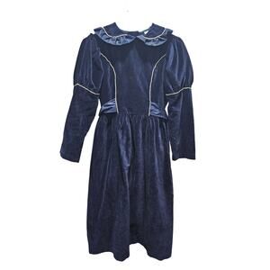 Vintage Blossoms 80s Blue Velvet Peter Pan Collar Puff Sleeve Dress Pearl L